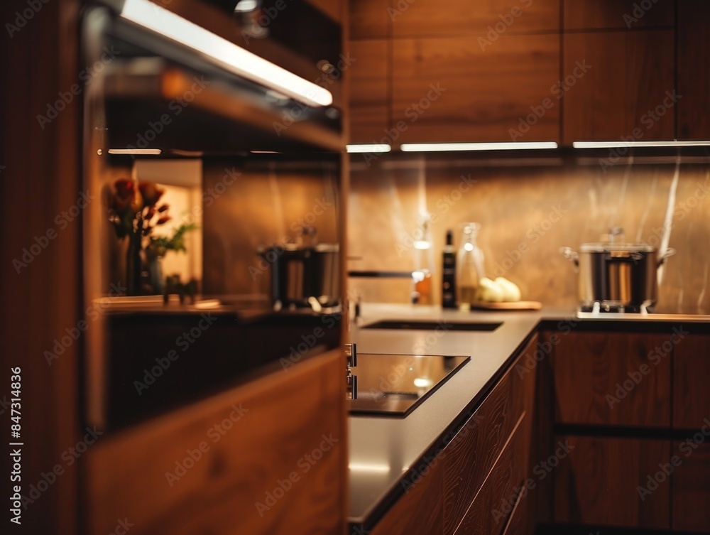A photograph of a kitchen with a stove top oven and wooden cabinets, suitable for use in interior design or home decor projects A photograph of a kitchen with a stove top oven and wooden cabinets, suitable for use in interior design or home decor projects