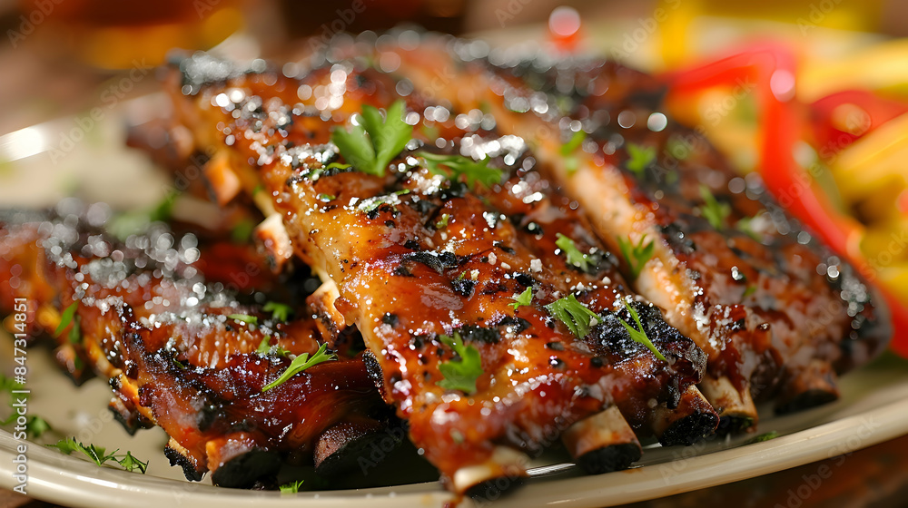A plate of freshly grilled fast food ribs with vibrant colors and rich textures A plate of freshly grilled fast food ribs with vibrant colors and rich textures