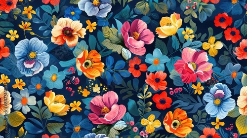 Seamless pattern featuring vibrant flowers set against a rich deep blue backdrop