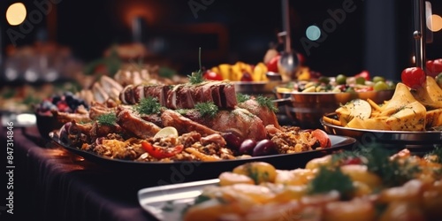 A table filled with various dishes and drinks at a buffet, useful for advertising or lifestyle shots photo