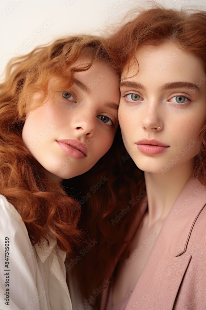 Two females with bright red hair posing together for a photo shoot Two females with bright red hair posing together for a photo shoot