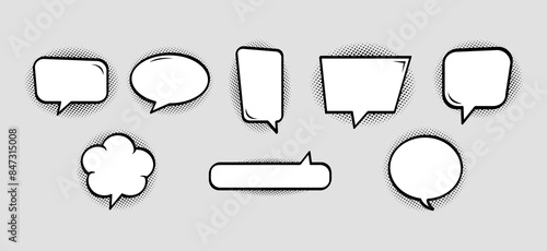 Retro comic bubbles. Doodle chat empty speech clouds with halftone shadows,dots.  Collection of various shapes, vector illustration.