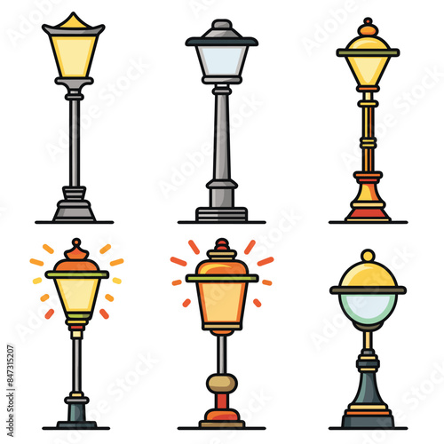 Six different street lamps flat design isolated white background. Various styles colors urban light poles showing classic modern design. Illustration features street lighting, line art, glowing