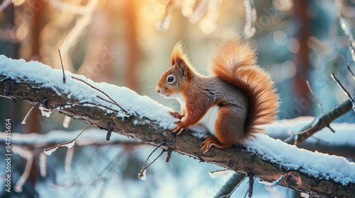 A close-up shot of a squirrel perched on a snowy tree branch, looking out at the winter landscape © vefimov