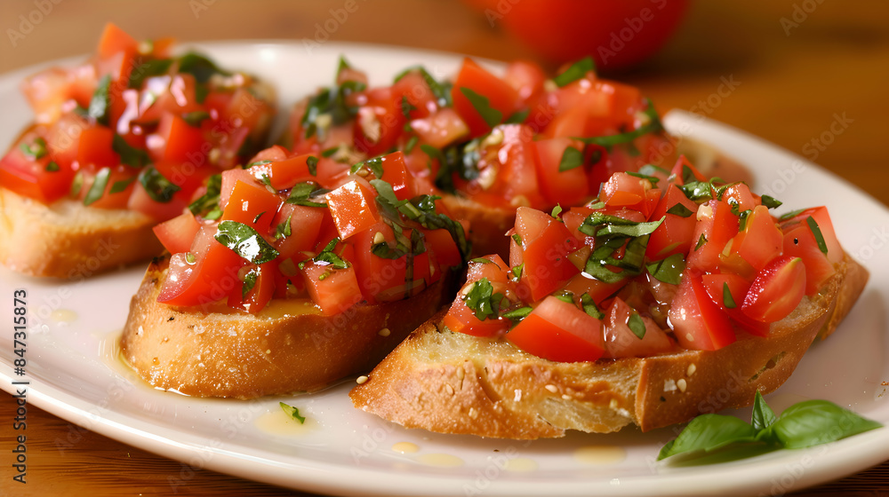 A plate of freshly made fast food bruschetta with vibrant ingredients and rich flavors A plate of freshly made fast food bruschetta with vibrant ingredients and rich flavors