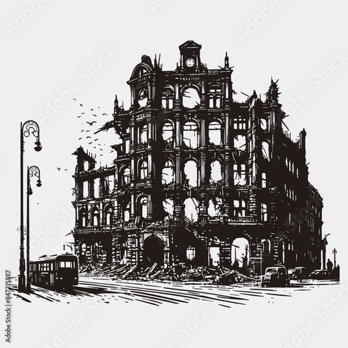 destroyed old building in the city Shilhoutte