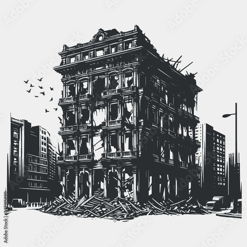 destroyed old building in the city Shilhoutte