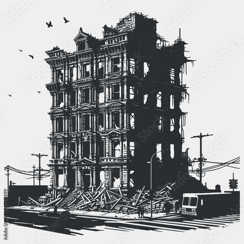 destroyed old building in the city Shilhoutte