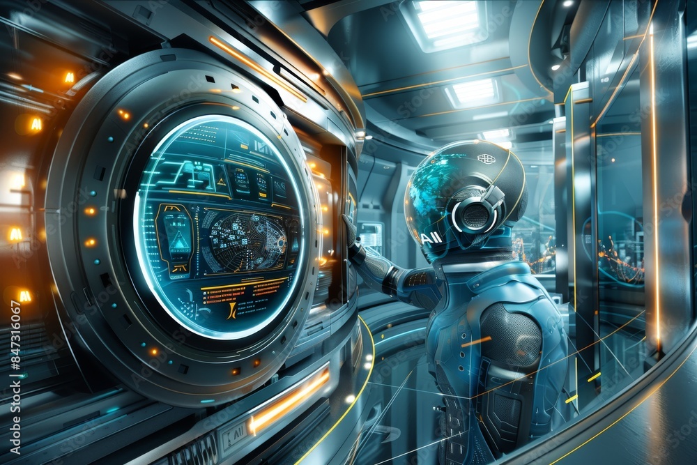 Fototapeta premium Futuristic AI cockpit with advanced technology, symbolizing innovation, dynamic interaction, and high tech design in a vibrant setting