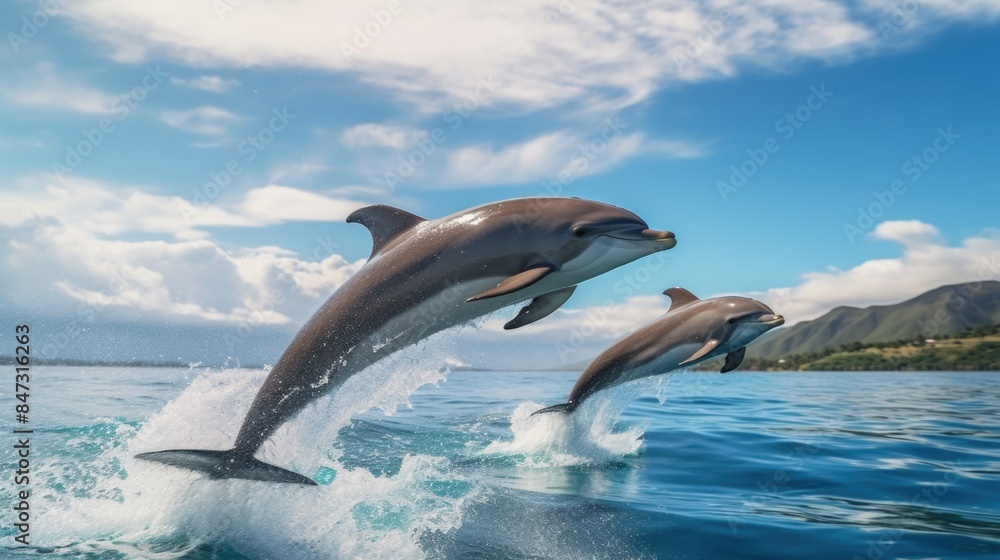 Fototapeta premium Two dolphins leaping out of the ocean, capturing a moment of playfulness and freedom