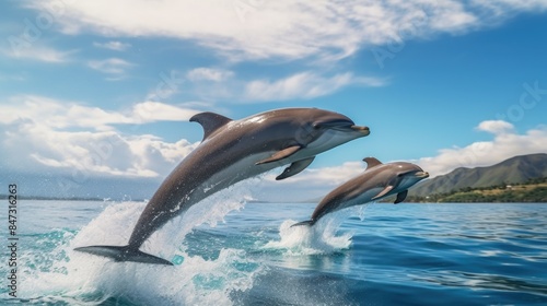 Two dolphins leaping out of the ocean, capturing a moment of playfulness and freedom