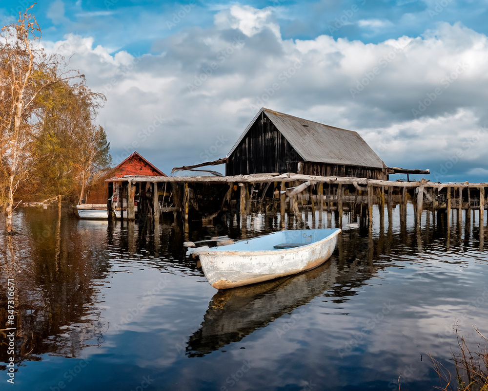 skiff floating peacefully, undisturbed skiff floating peacefully, undisturbed