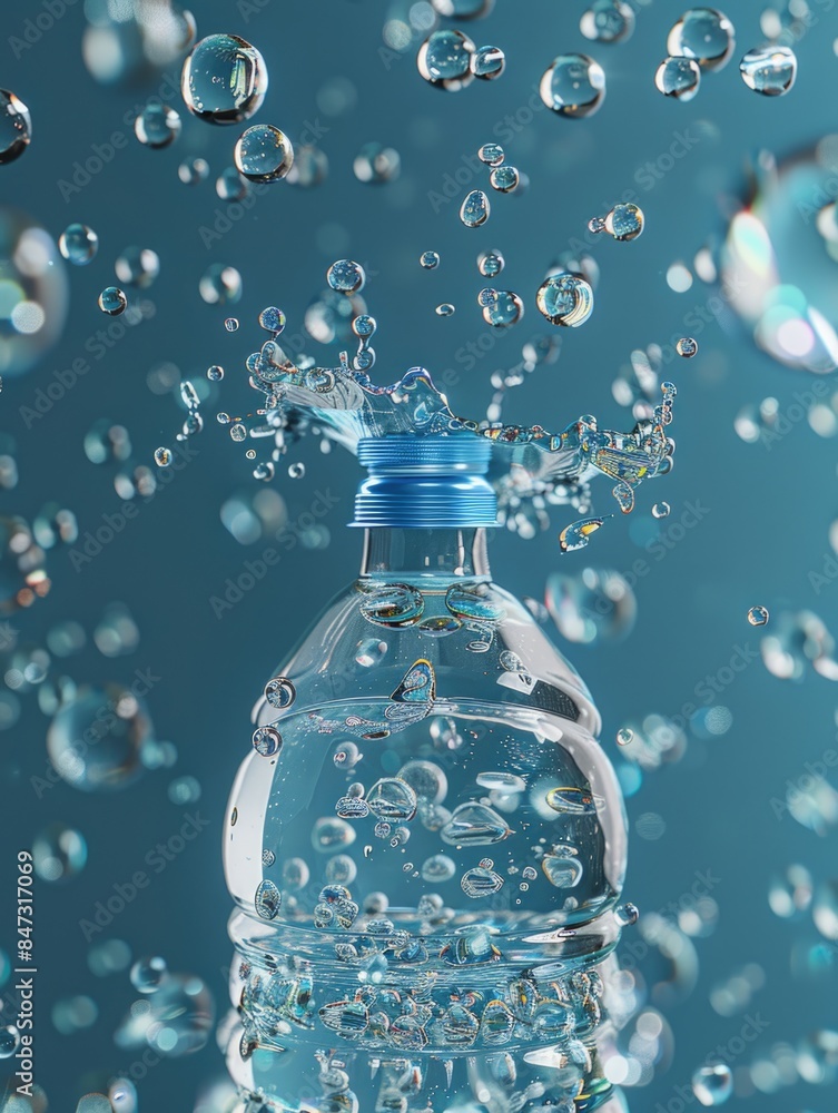 A bottle of water with visible carbonation and bubbles rising from the liquid A bottle of water with visible carbonation and bubbles rising from the liquid