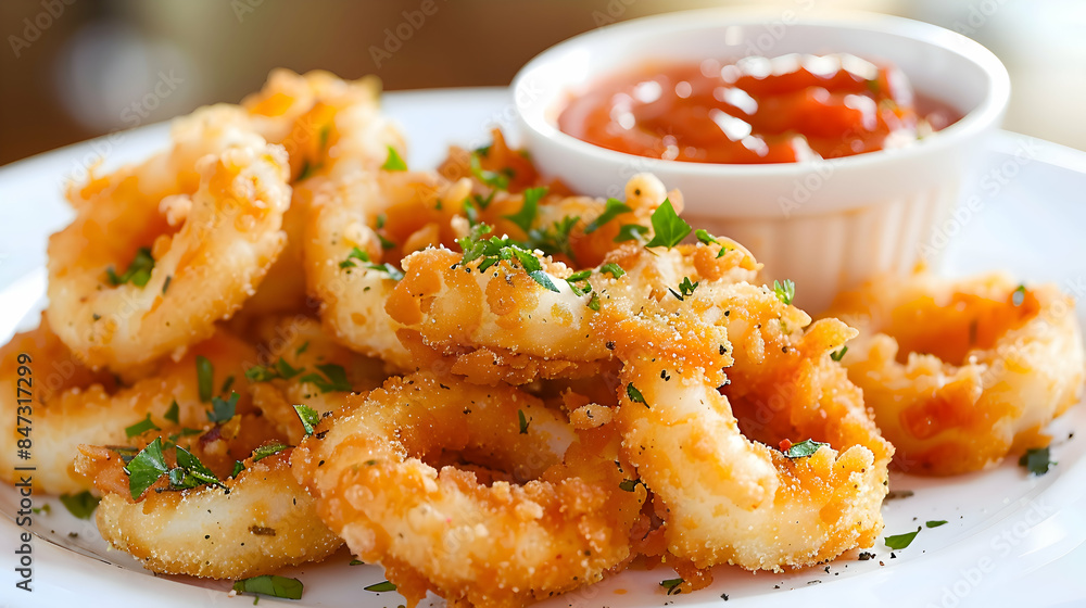 A plate of golden, crispy fast food calamari with a side of marinara sauce A plate of golden, crispy fast food calamari with a side of marinara sauce