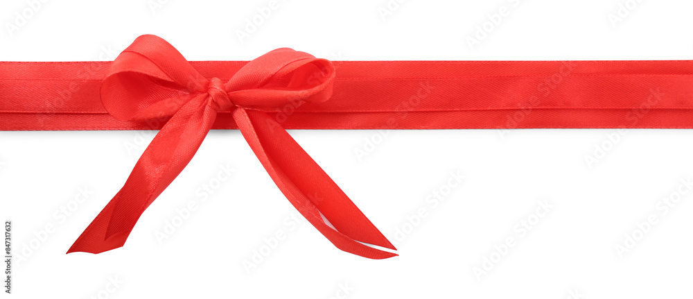 Red satin ribbons with bow isolated on white, top view Red satin ribbons with bow isolated on white, top view