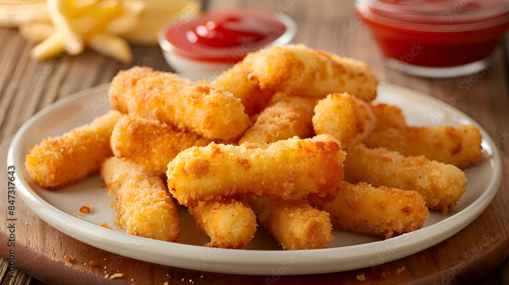 A plate of golden, crispy fast food mozzarella sticks A plate of golden, crispy fast food mozzarella sticks