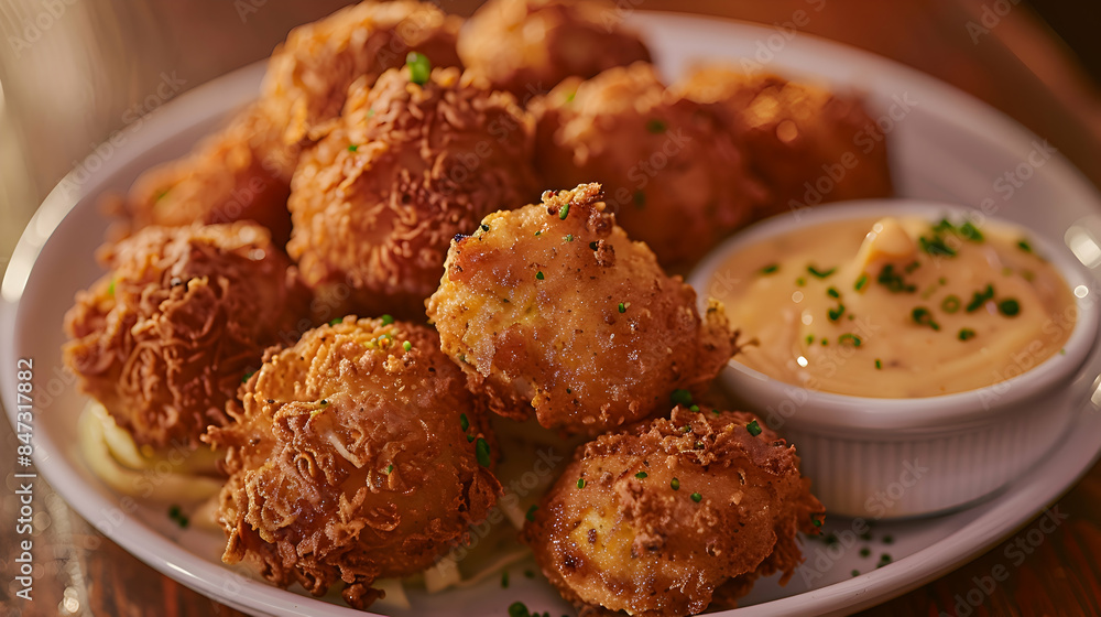 A plate of golden, crispy fast food crab cakes with a side of remoulade sauce A plate of golden, crispy fast food crab cakes with a side of remoulade sauce