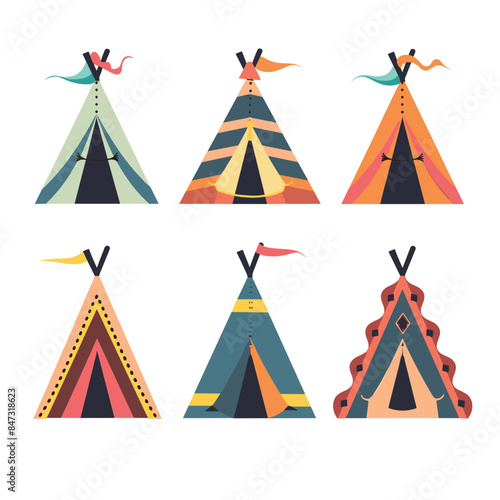 Six colorful teepee tents different patterns, flags, designs. Illustration Native American teepees suitable cultural education. Artistic representation tribal shelters, vibrant stylized