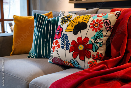 A photo captures a grey couch adorned with some colorful cushions and a red blanket
