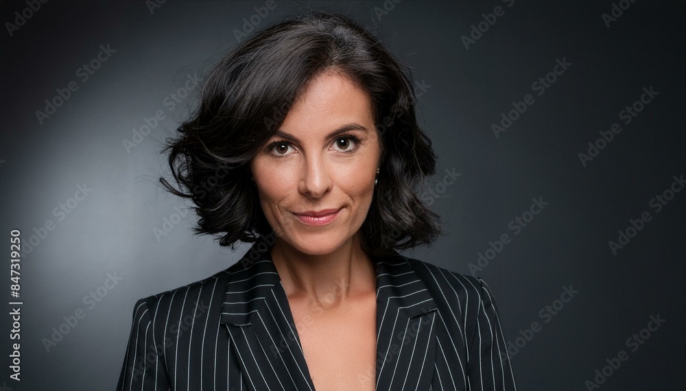 A good-looking, dark-skinned, middle-aged woman with short, curly, dark hair and grey roots, wearing a black pinstripe suit. A good-looking, dark-skinned, middle-aged woman with short, curly, dark hair and grey roots, wearing a black pinstripe suit.