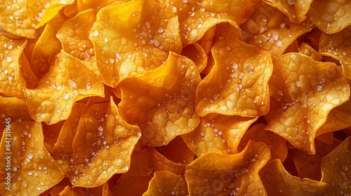 A detailed shot of seasoned golden potato chips with visible salt crystals, highlighting texture and flavor photo