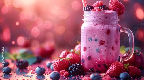 An enticing berry smoothie in a mason jar, surrounded by an abundance of fresh berries in warm lighting photo