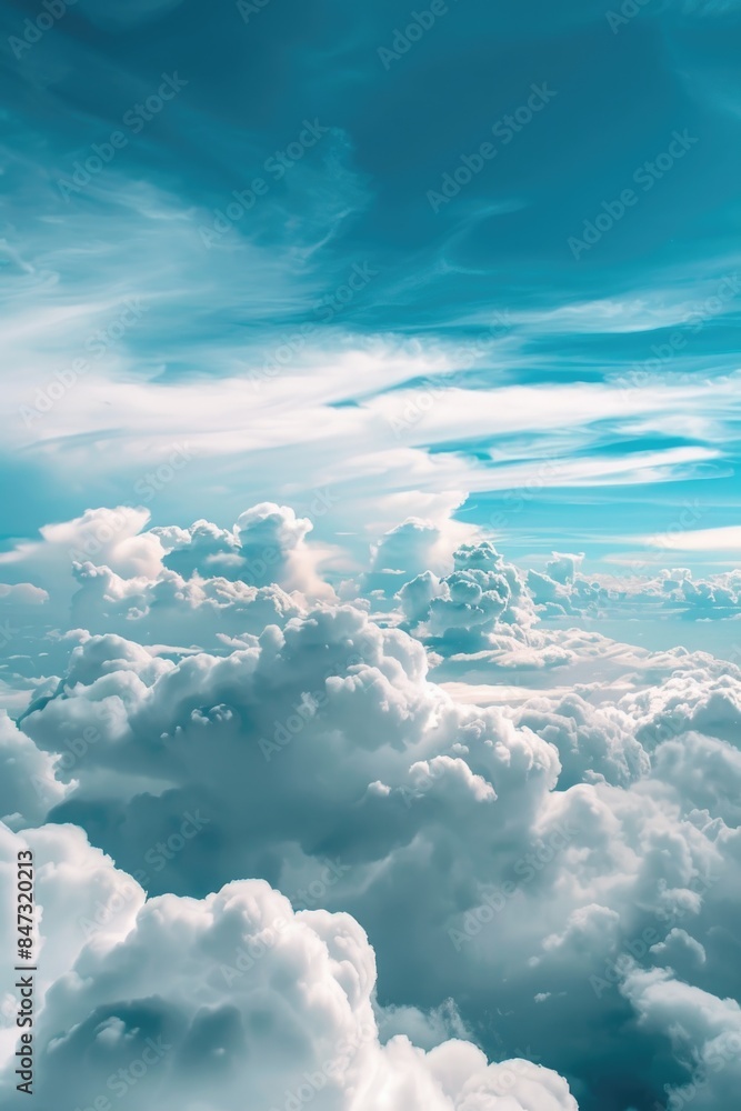 Naklejka premium Airborne perspective on fluffy white clouds against a clear blue sky