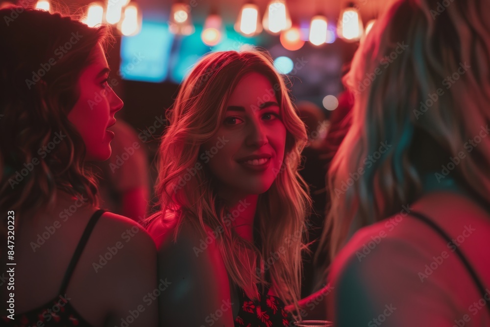 Portrait of a beautiful young woman in a nightclub with friends. Portrait of a beautiful young woman in a nightclub with friends.
