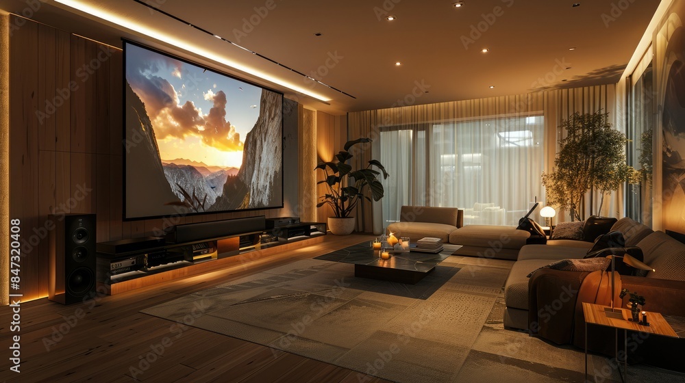 Modern luxury home theater setup with large screen, cozy seating, and ...