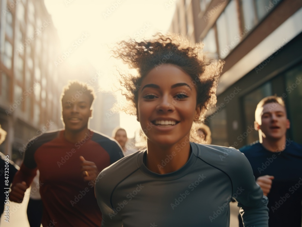 A group of people running together on a city street A group of people running together on a city street