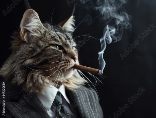 A business cat wearing a suit and smoking a cigarette, great for financial or corporate themed images photo