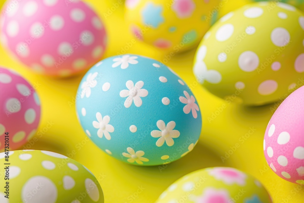 A collection of brightly colored Easter eggs arranged on a yellow surface, perfect for decorating or using in Easter-themed designs A collection of brightly colored Easter eggs arranged on a yellow surface, perfect for decorating or using in Easter-themed designs