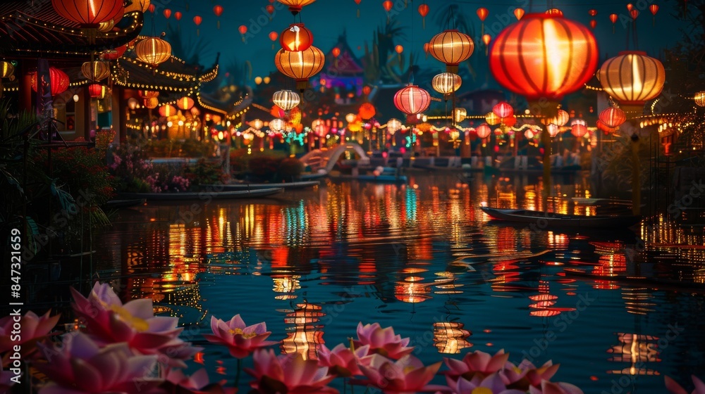 Obraz premium The colorful lanterns illuminate the river during the festival.