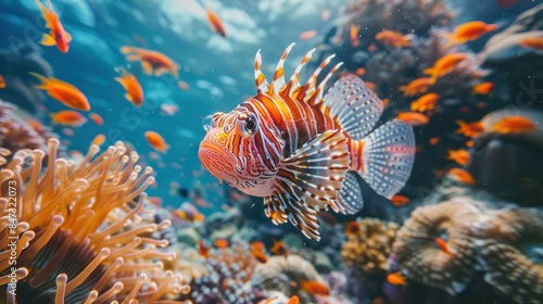 A fish with orange and white stripes swims in a coral reef. The fish is surrounded by many other fish, some of which are orange and some are blue. The scene is lively and colorful