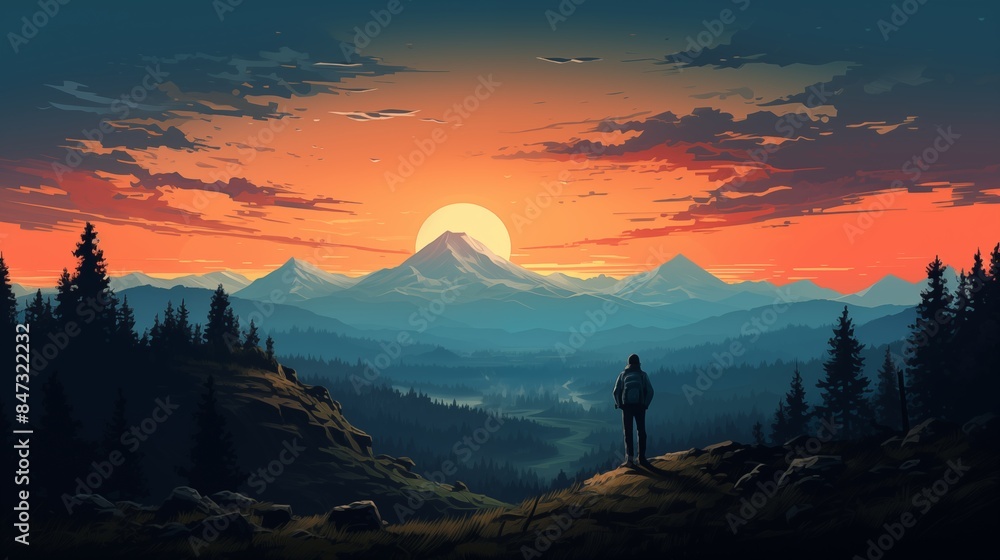 Hiker Admiring a Majestic Mountain Range During a Tranquil Sunset Hiker Admiring a Majestic Mountain Range During a Tranquil Sunset