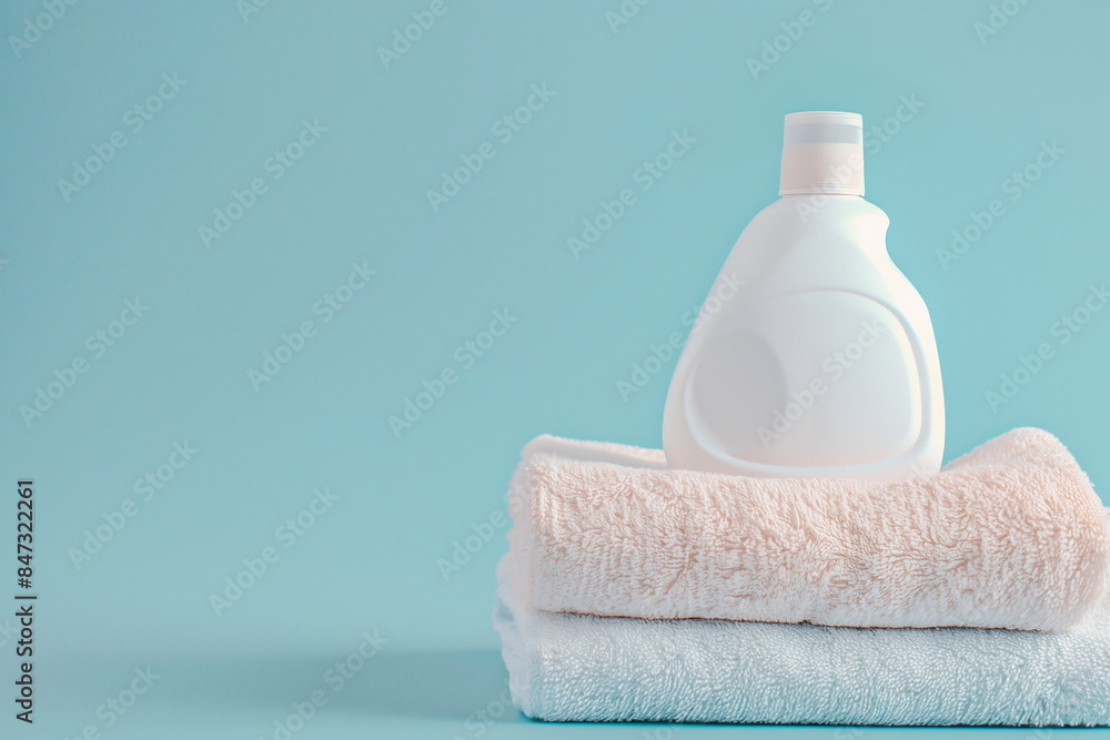 Bottle of detergent on folded towels in soft pastel colors. Banner for laundry and cleaning products with copy space Bottle of detergent on folded towels in soft pastel colors. Banner for laundry and cleaning products with copy space