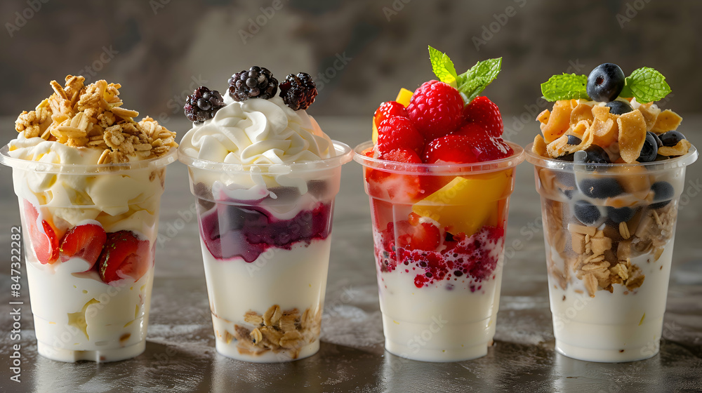 A selection of freshly made fast food yogurt parfaits with vibrant colors and fresh ingredients A selection of freshly made fast food yogurt parfaits with vibrant colors and fresh ingredients