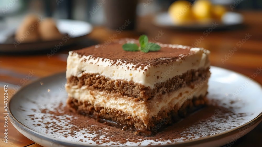 A slice of dessert with chocolate and mint on top A slice of dessert with chocolate and mint on top