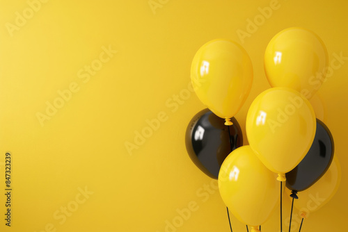 A bunch of black and yellow balloons tied to a yellow wall photo