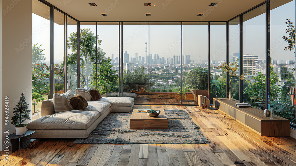 A modern minimalist living room with large windows created with Generative AI technology A modern minimalist living room with large windows created with Generative AI technology
