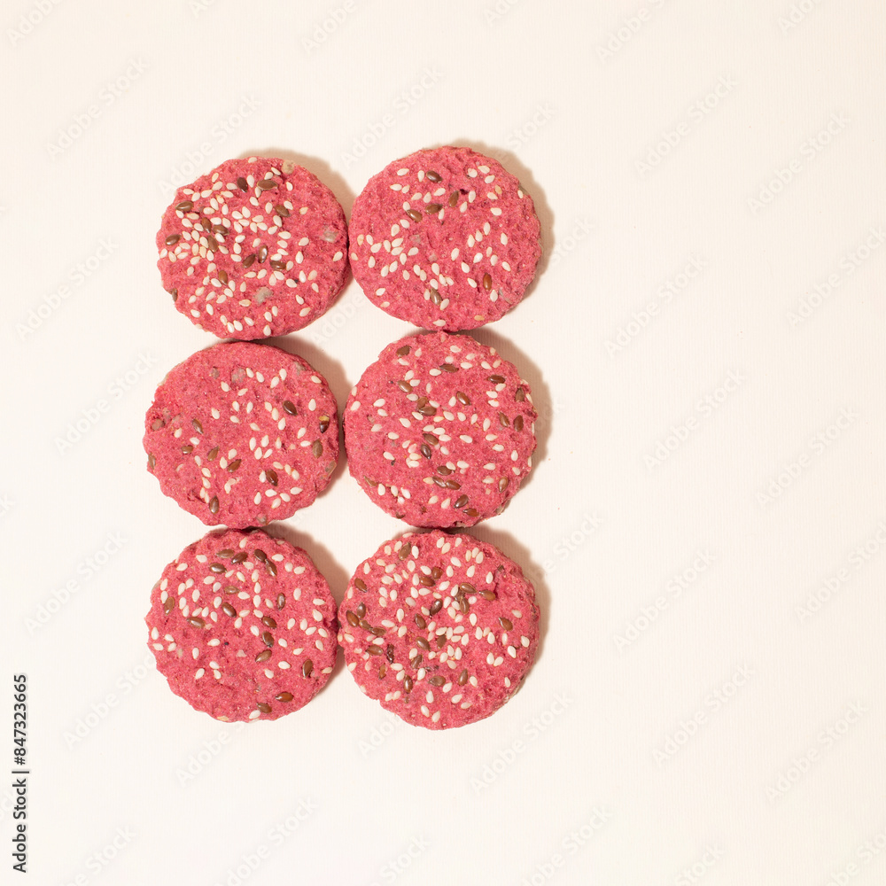 Sweet pink cookies pattern. Concept of diet light food. Sugar free Sweet pink cookies pattern. Concept of diet light food. Sugar free