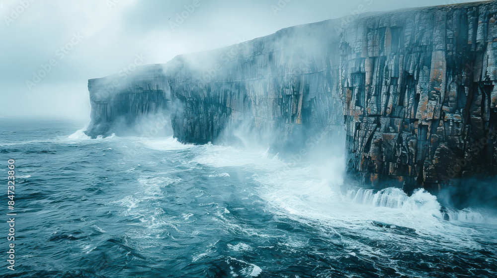 Obraz premium a Nordic rough fjord cliff during a rainstorm, hidden by low hanging clouds, stormy seas created with Generative AI technology