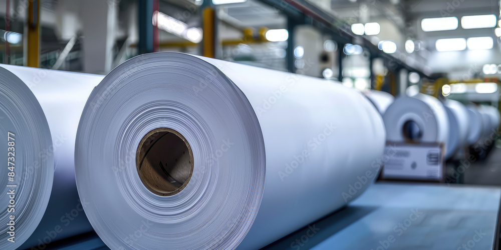 Closeup white big paper rolls in the industrial warehouse or factory Closeup white big paper rolls in the industrial warehouse or factory