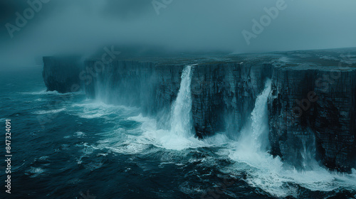 a Nordic rough fjord cliff during a rainstorm, hidden by low hanging clouds, stormy seas created with Generative AI technology