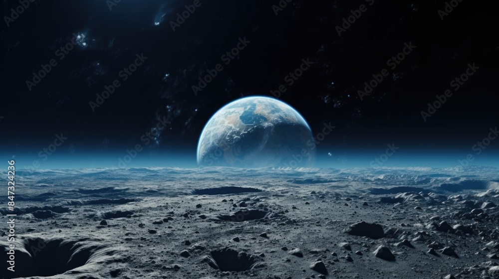 A photo of the Earth taken from the lunar surface, showing its curvature and blue oceans A photo of the Earth taken from the lunar surface, showing its curvature and blue oceans