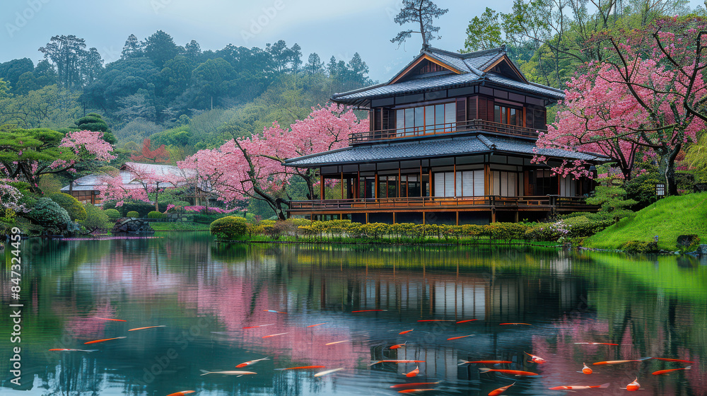 Fototapeta premium A tranquil Japanese tea garden with a traditional tea house created with Generative AI technology