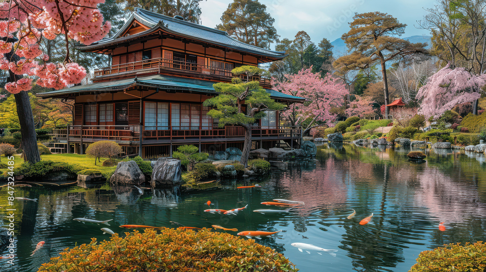 Obraz premium A tranquil Japanese tea garden with a traditional tea house created with Generative AI technology