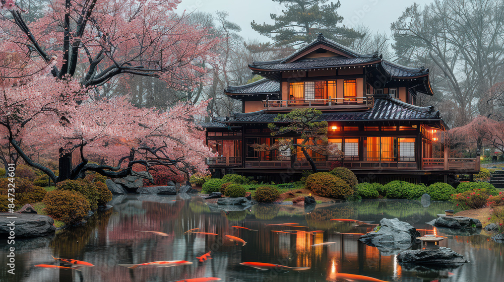 Obraz premium A tranquil Japanese tea garden with a traditional tea house created with Generative AI technology