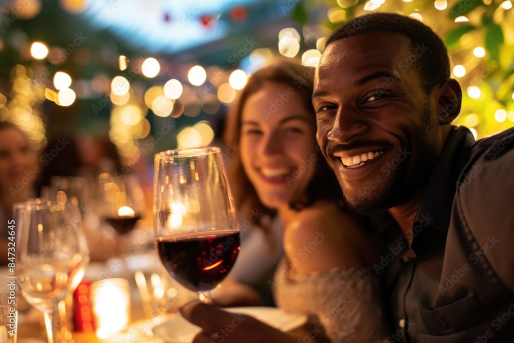 A couple enjoying wine together at their table, perfect for romantic dinner or evening A couple enjoying wine together at their table, perfect for romantic dinner or evening