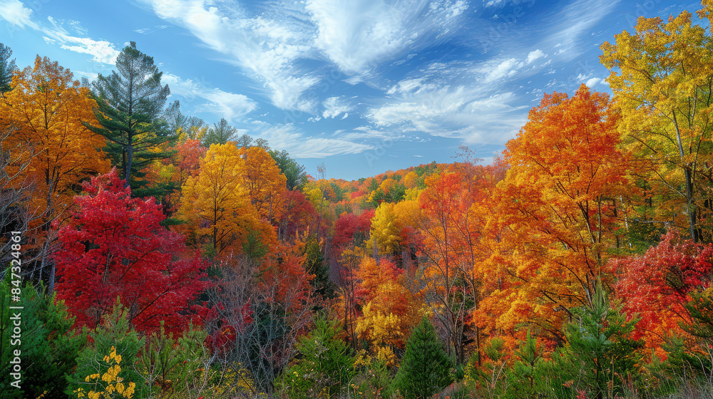 A vibrant autumn forest with trees in shades of red, orange, and yellow, and a clear blue sky. created with Generative AI technology A vibrant autumn forest with trees in shades of red, orange, and yellow, and a clear blue sky. created with Generative AI technology